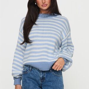 Princess Polly Harmony Balloon Sleeve Knit Sweater Blue / White Stripe - xs